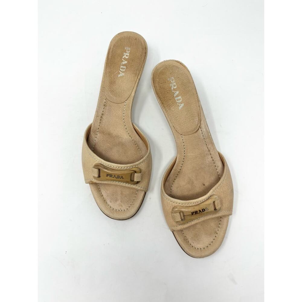 Vintage Prada Beige Leather Logo Sandal Kitten Heel retro size 37 Slip On Mule - Picture 3 of 7